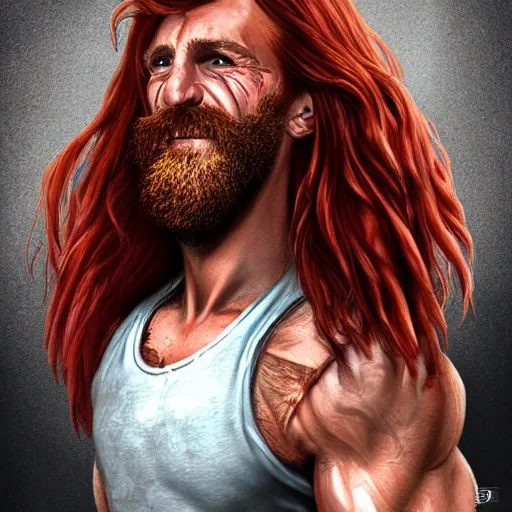 Image similar to portrait of a ruggedly handsome!!!!! male ship captain with long red hair!!!!!!, 30 years old, upper body, wavey hair, muscular, friendly, playful, D&D, hairworks, Unreal 4, fantasy, elegant, highly detailed, digital painting, hairworks, deviantart, artstation, concept art, sharp focus, dramatic lighting, illustration, art by Artgerm and Greg Rutkowski and Alphonse Mucha