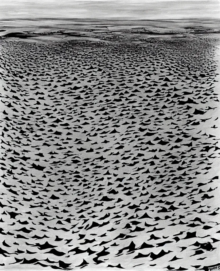 Image similar to a beautiful painting of bombs impact on desert in el alamein battle, wwii, black and white, painted by escher