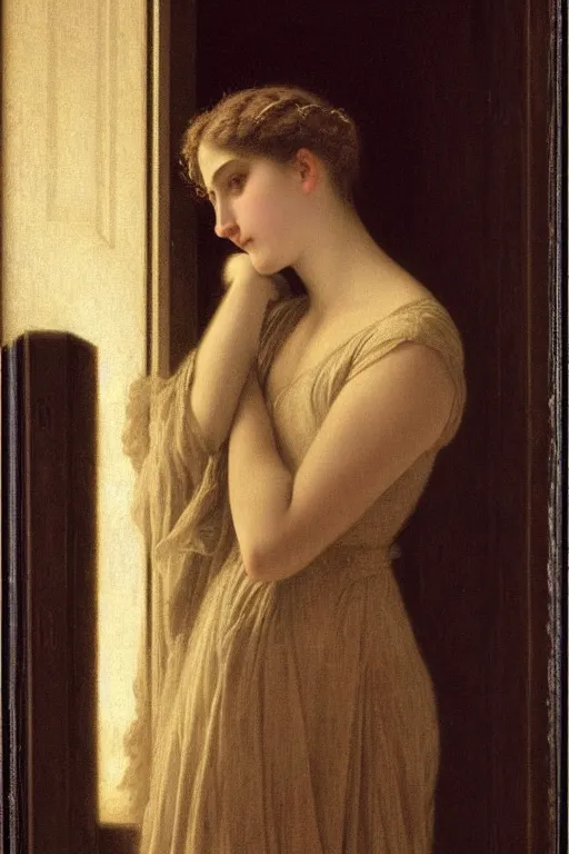 Prompt: girl under torchlight by vittorio reggianini, by auguste toulmouche, dark lighting, perfectly detailed eyes, beautiful hands, pale skin, blonde hair, leaning on door