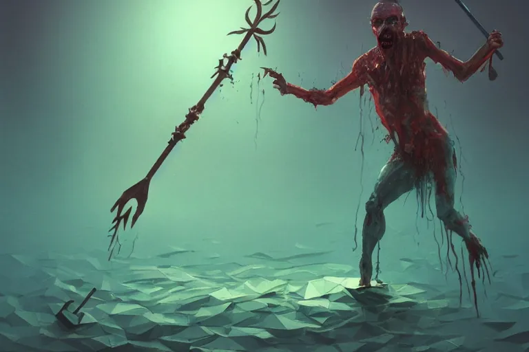 Image similar to low poly painting by greg rutkowski of a drowned zombie holding a trident with glowing cyan eyes, wearing ragged clothing, holding a trident, underwater, pastel green and blue color palette