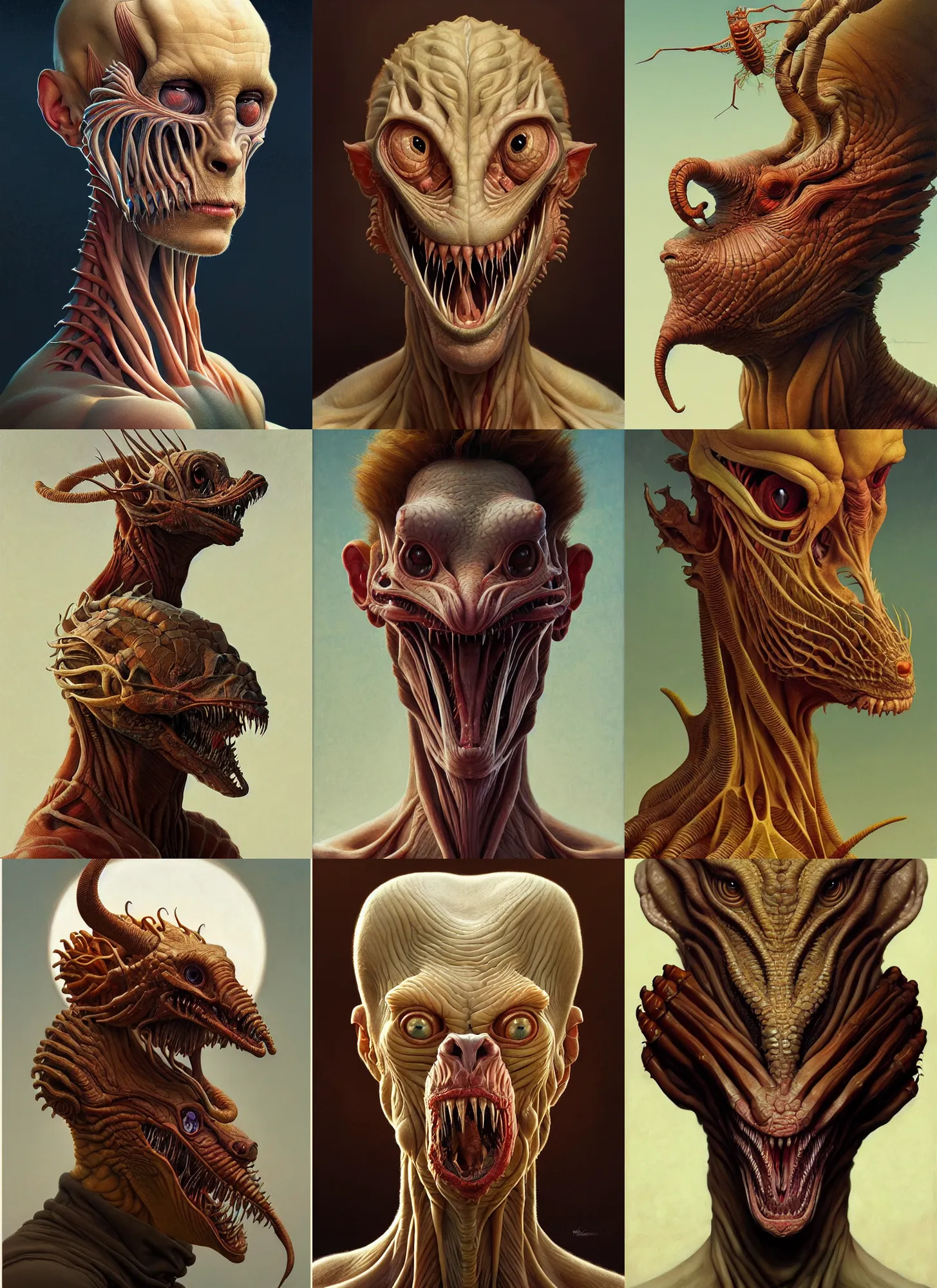 Prompt: weird creature heads anatomy on white background, action pose, intricate, highly detailed, digital painting, artstation, concept art, smooth, sharp focus, illustration, art by norman rockwell emiliano ponzi andrey remnev yoann lossel aaron jasinski, 8 k