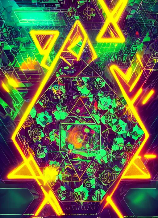 Prompt: A group of hexagonal fractals entangled in 5th dimension breaking the time, in cyberpunk and new retro wave style