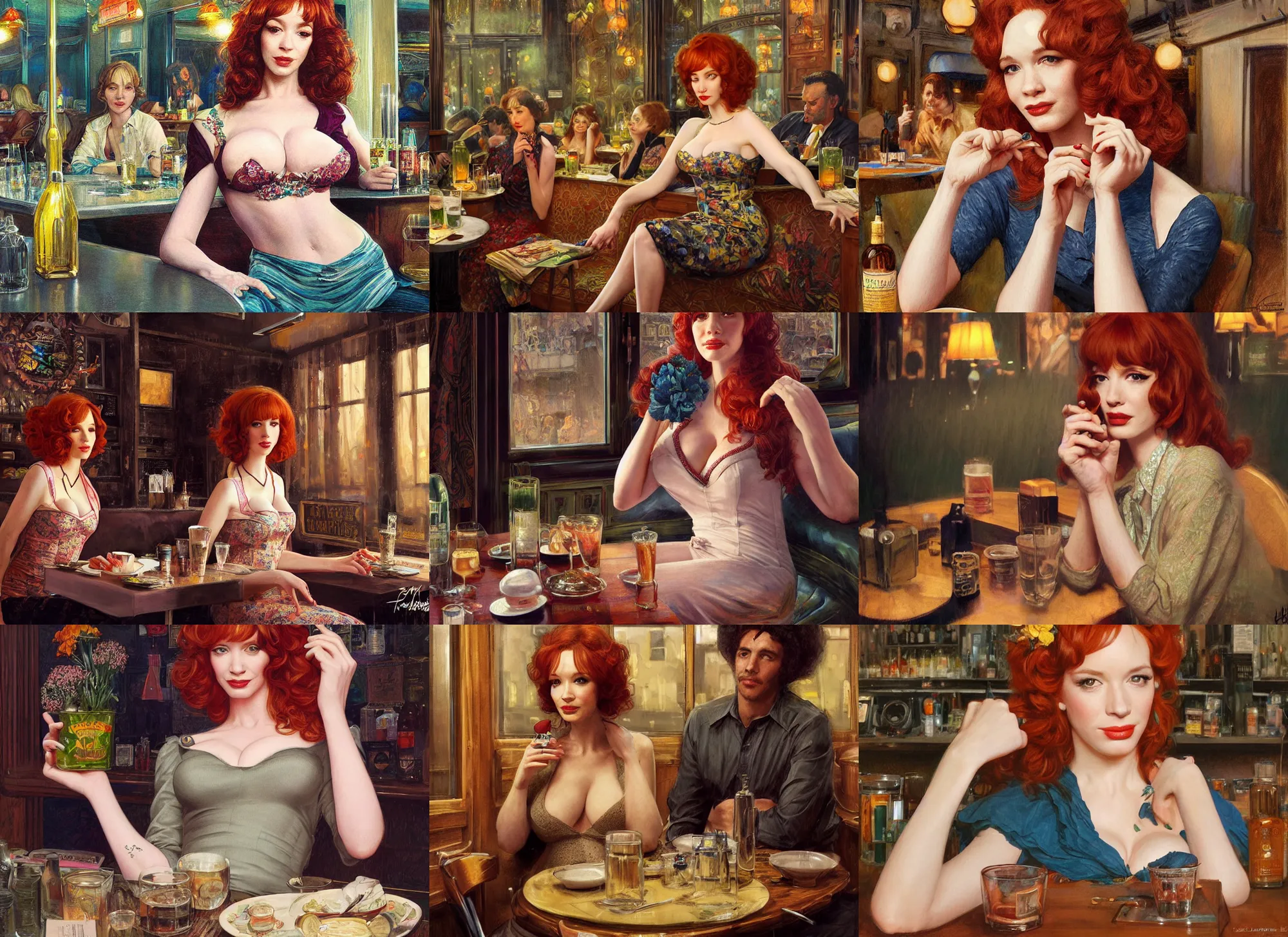 Image similar to sophisticated Christina Hendricks as a 1960s flower hippie relaxing in a smokey Paris tavern, elegant, highly detailed, shallow depth of field, concept art, Artstation, Artgerm, Donato Giancola, Joseph Christian Leyendecker