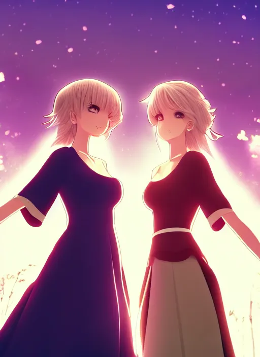 Image similar to two beautiful mothers standing face to face taunting each other, gorgeous dresses, gorgeous faces, smooth thick lines, cinematic lighting, detailed anime art