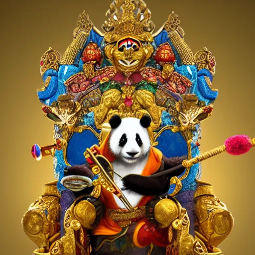 Prompt: panda king on a gilded throne, raising a staff encrusted with jewels, jungle scene, octane render, by tokaido