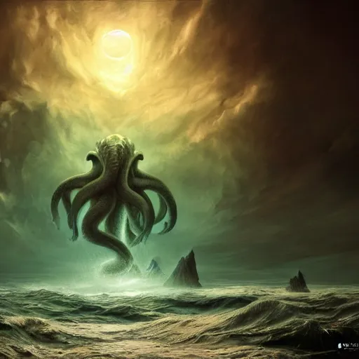 Image similar to a digital painting of a gigantic cthulhu coming out of the sea, back lighting, dramatic scene, detailed, night time, full moon, in the style of greg rutkowski