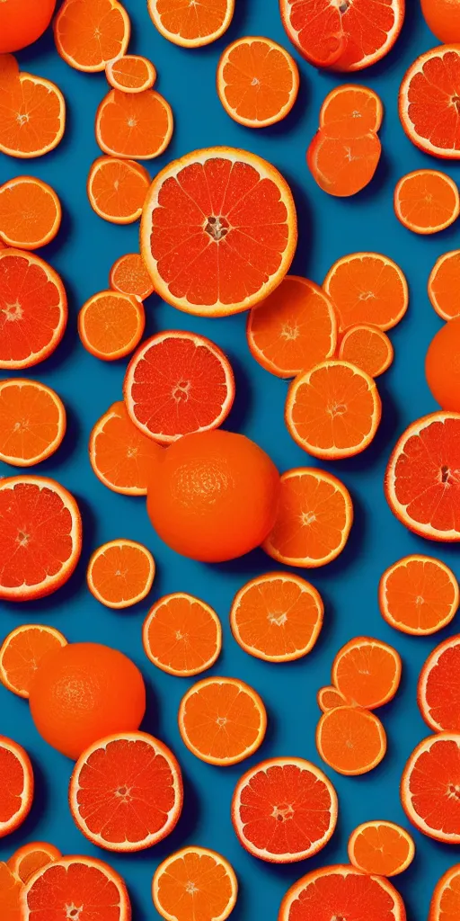 Image similar to a seamless repeating pattern of campari and oranges, colourful, symmetrical, repeating 35mm photography, in the style of toiletpaper magazine, surreal, high detail, photograph by Pierpaolo Ferrari