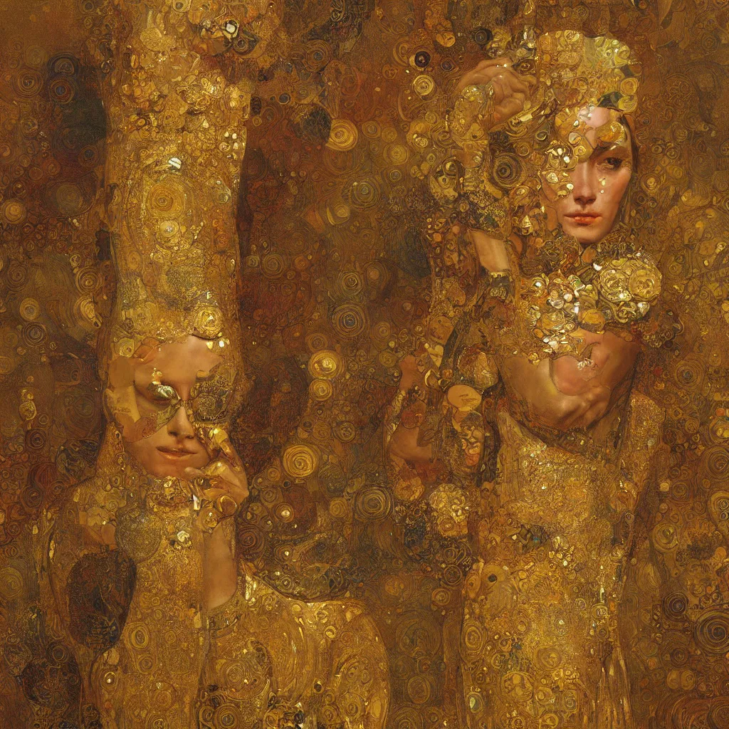 Prompt: seamless intricate klimt golden motives and textures pattern, hyper detailed, ornamental gold headpiece, octane render, vivid colors, artstation, by jeremy mann, by alphonse mucha, by klimt