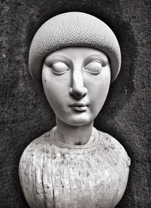 Image similar to realistic photo portrait of a a medieval antique old wooden sculpture of a female monk dressed white spherical fluffy hat helmet, greyscale 1 9 9 0, life magazine photo, natural colors,