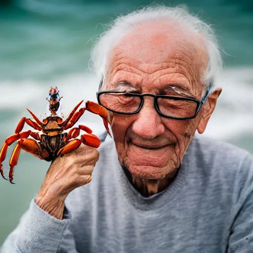 Image similar to elderly man + crab hybrid, canon eos r 3, f / 1. 4, iso 2 0 0, 1 / 1 6 0 s, 8 k, raw, unedited, symmetrical balance, wide angle