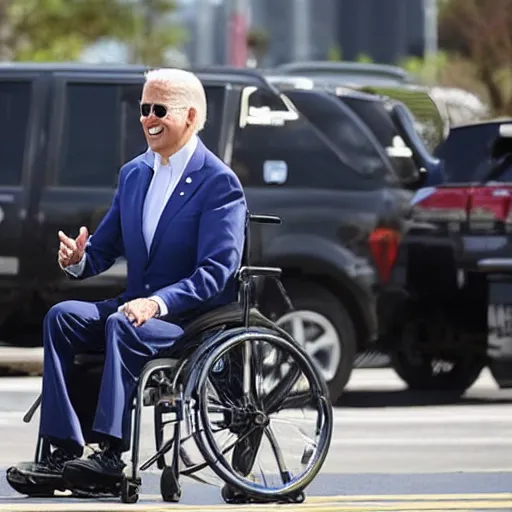 Prompt: joe biden in a wheelchair in a traffic jam