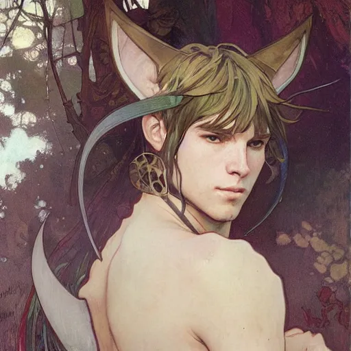 Image similar to Portrait of a pretty fantasy catboy with cat ears. Art by Greg Rutkowski and Alphonse Mucha