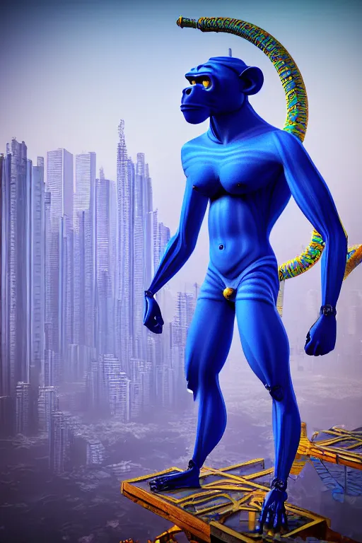 Prompt: high quality 3 d render stylized mischievous cyborg muscular man monkey blue hybrid, neon madhubani, highly detailed, cyberpunk!! mumbai in the background, unreal engine cinematic smooth, szukalski ravi varma, moody light, low angle, uhd 8 k, sharp focus