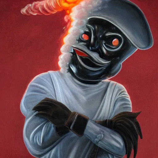 Prompt: a highly detailed pulcinella with a pizza margherita, black mask, full body, volcano in background, lava and smoke, ominous, detailed painting by arturo faldi, trending on deviantart, octane, masterpiece, masqua