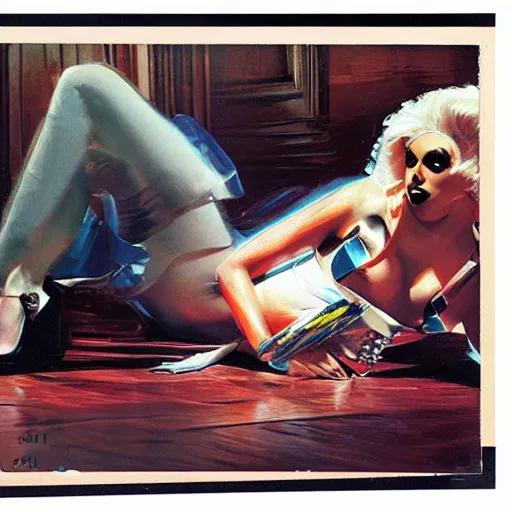 Image similar to drag queen licks the powder, lies on the parquet by john berkey in comic style