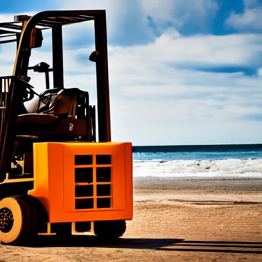Prompt: photo of a forklift on the beach, cinema style, 4 k, photo lense