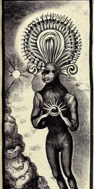 Image similar to whimsical freaky creature sings a unique canto about'as above so below'being ignited by the spirit of haeckel and robert fludd, breakthrough is iminent, glory be to the magic within