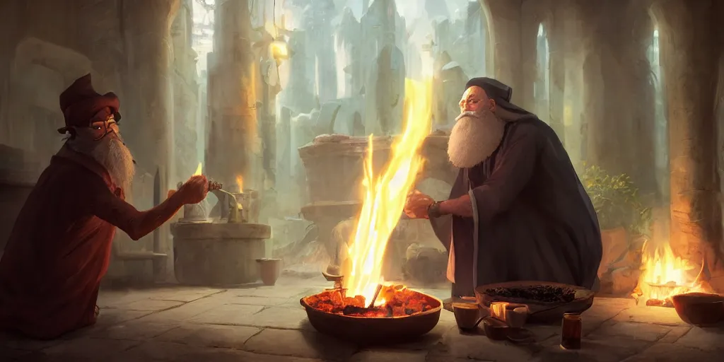 Image similar to a wholesome animation key shot of oldv bearded wizard coocking the magical brew that emmits sparklings in pot at fireplace, medium shot, rendered in unreal engine 5, anime key art by greg rutkowski, bloom, dramatic lighting