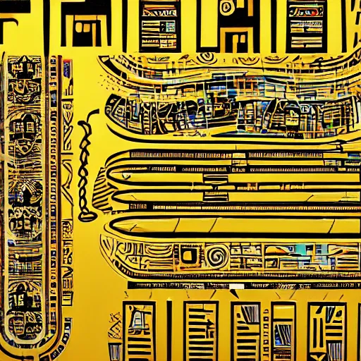Image similar to hieroglyphic futuristic graffiti representing music score, intricate, complex, shiny, <gold>, high quality, high detail, artstation, 4k resolution