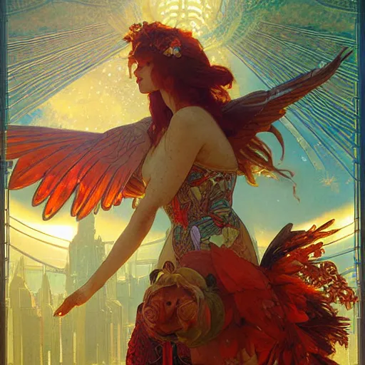 Image similar to the solarpunk phoenix, red bird, regeneration, landscape, epic composition, 8 k, volumetric light, bokeh, painting by greg rutkowski by alphonse mucha