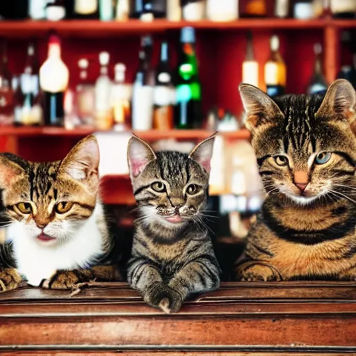 Image similar to three cats drinking in a bar, rotcho