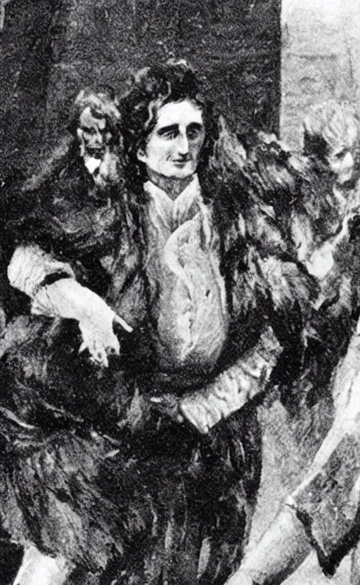 Image similar to a close - up old black and white photo, 1 9 1 3, depicting isaac newton wearing a big wig fighting gottfried leibnitz wearing a big wig in the streets of paris, rule of thirds, historical record