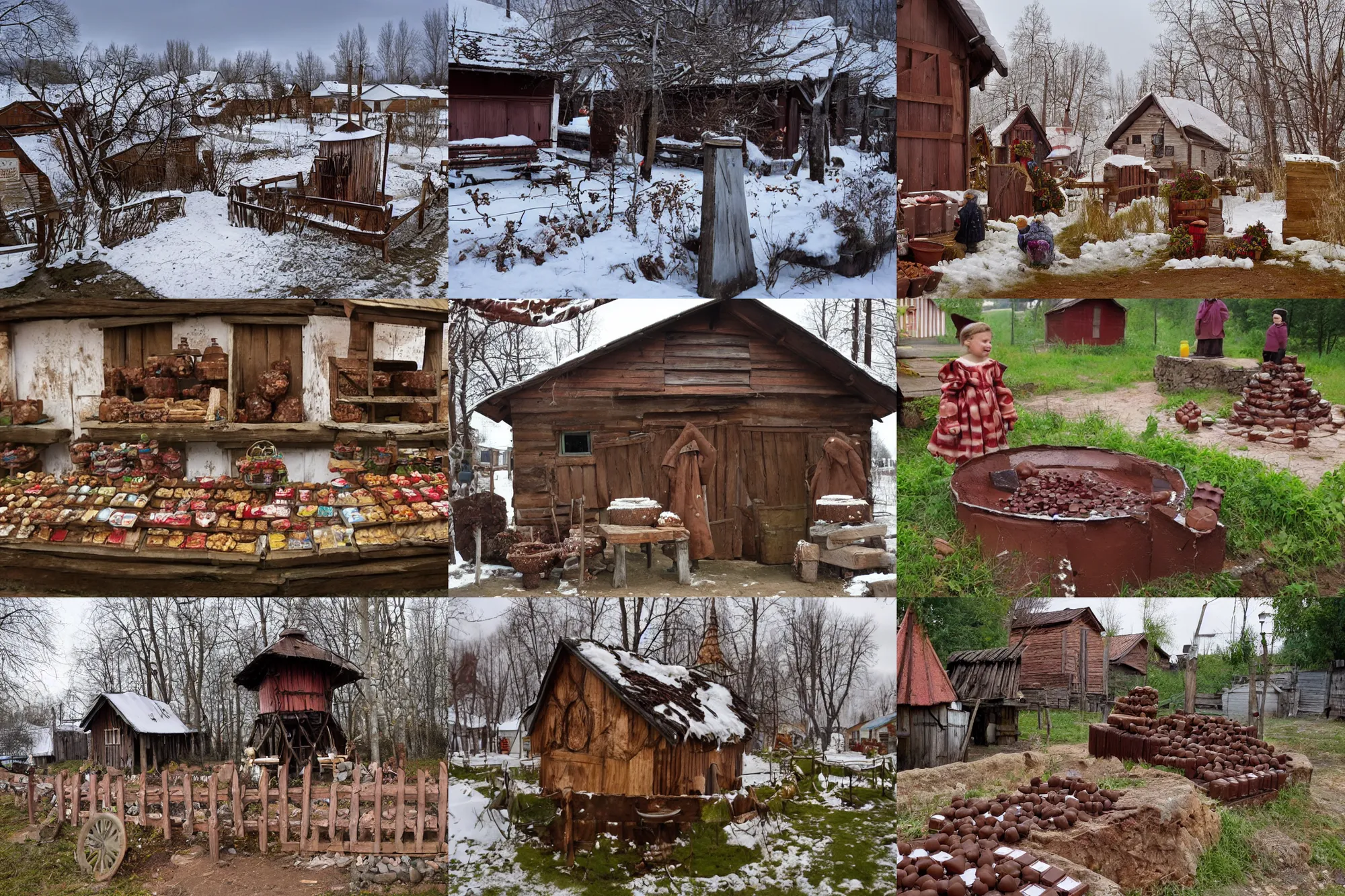 Prompt: russian village well filled with chocolate