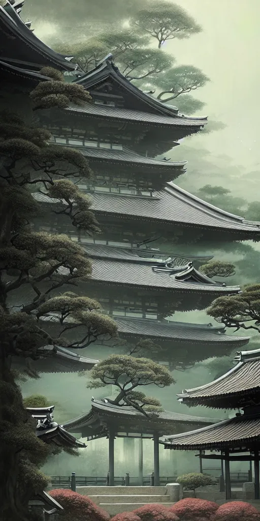 Prompt: japanese style palace under attack, hyper realistic, lush gnarly plants, 8 k, denoised, by greg rutkowski, tom bagshaw, james gurney cozy atmospheric and cinematic lightingg