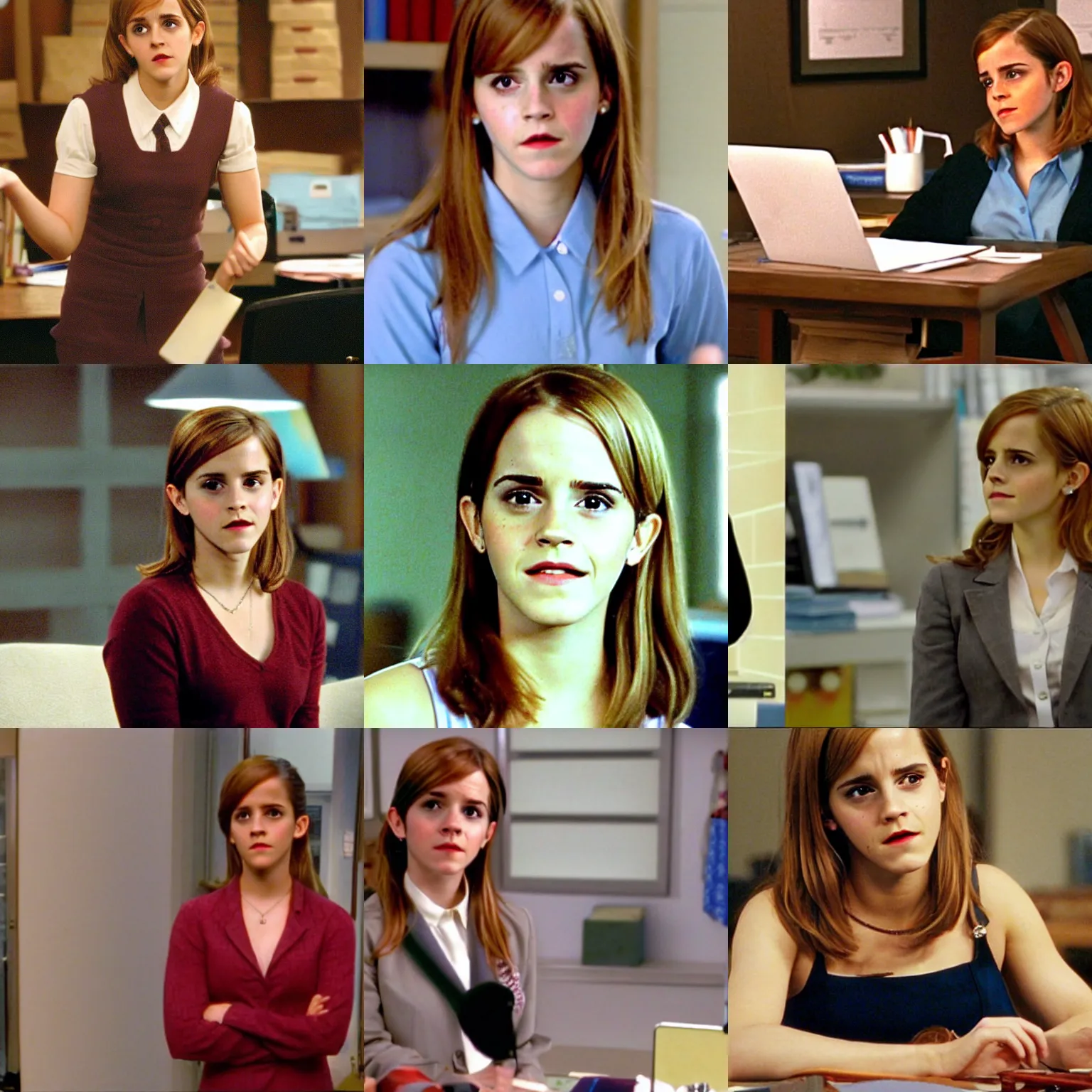 Prompt: emma watson as pam beasley from the office (2002) screenshot from the office (2002)