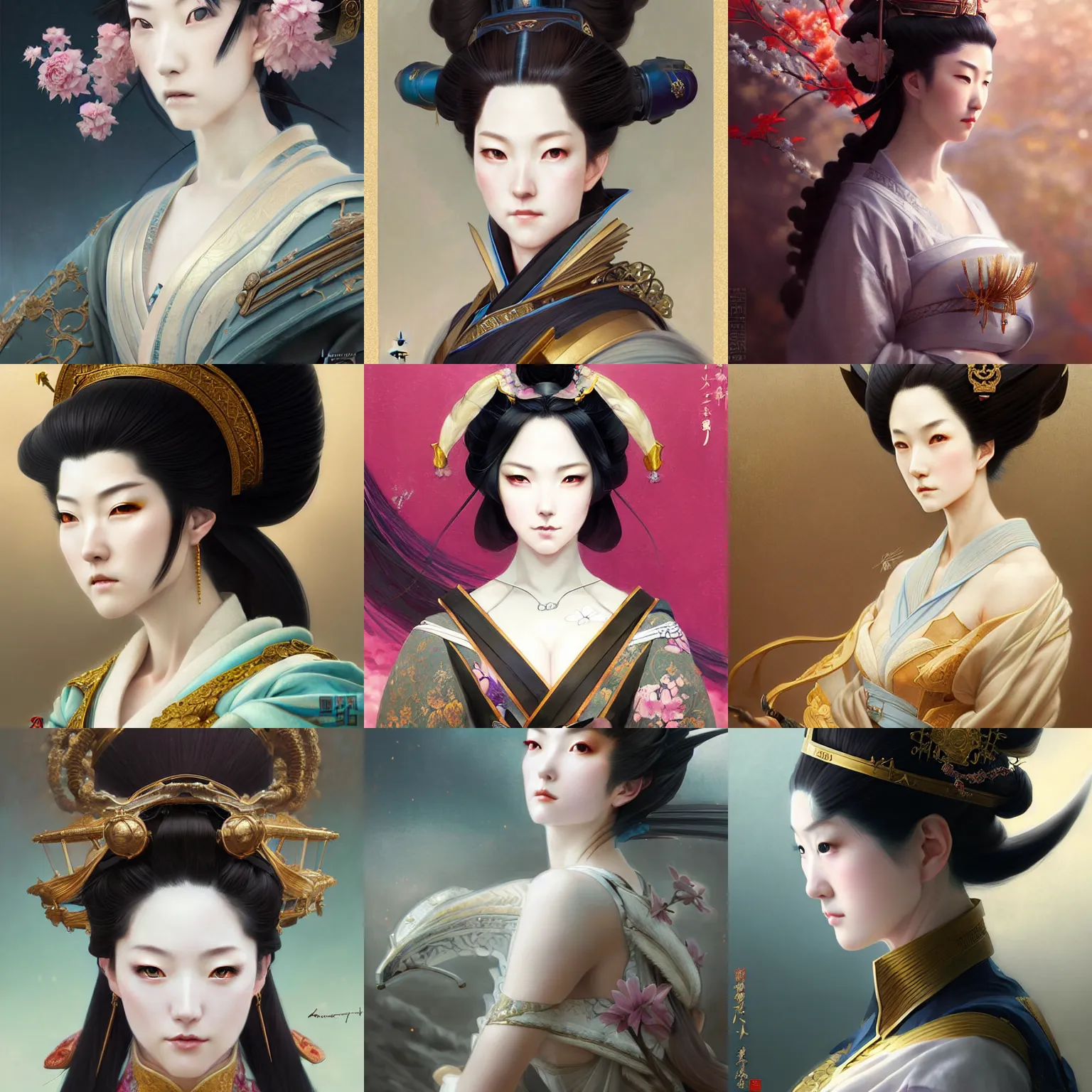 Prompt: a ( woman as personification of imperial japan ), beauty portrait, fantasy, digital art by krenz cushart, laurie greasly, wlop, artgerm, scott m fischer, intricate, highly detailed, sharp focus, smooth, epic composition, joyful, unreal engine