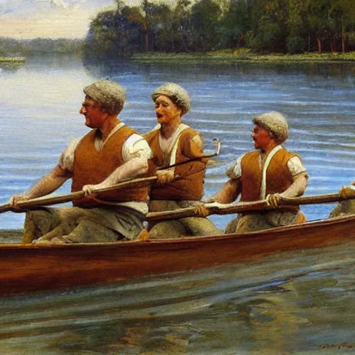 Image similar to a charles r knight painting of kappa rowing a boat