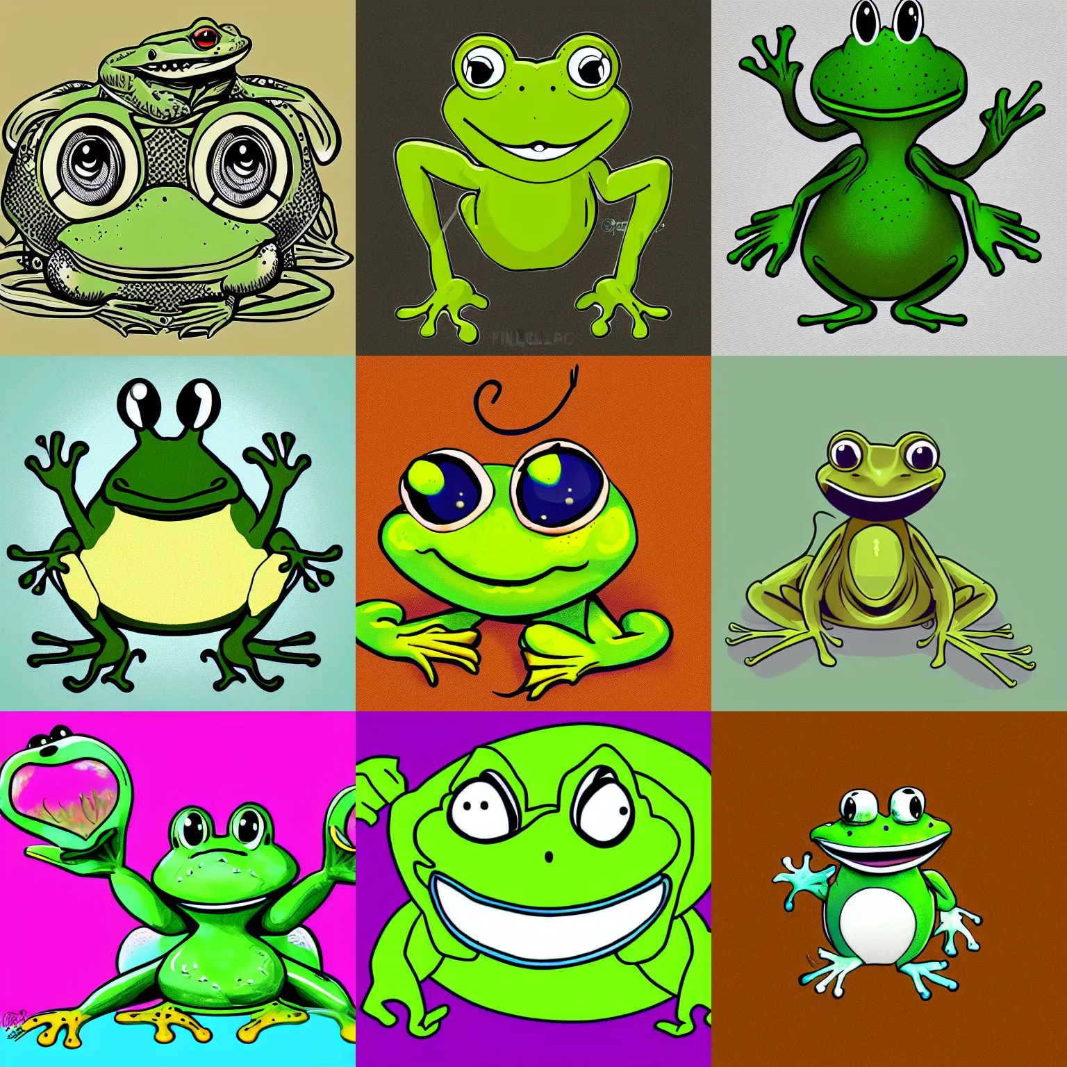 Prompt: Anthropomorphic frog, digital art, illustration, Rubber Hose style