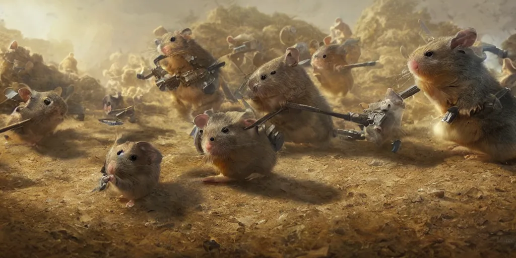 Image similar to highly detailed image of hamsters in a battle, hamsters, hamsters holding rifles, stephen bliss, unreal engine, fantasy art by greg rutkowski, global illumination, radiant light, detailed and intricate environment