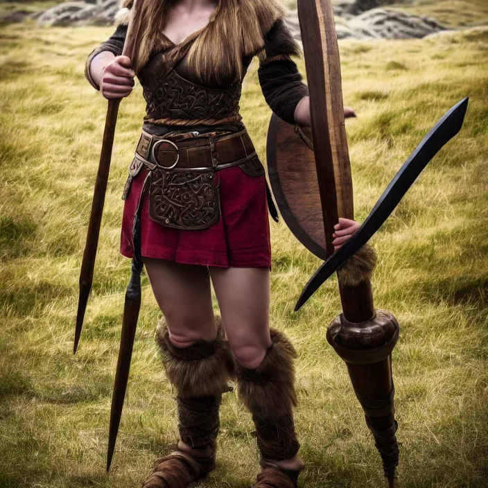 Image similar to full length photograph of a real-life female beautiful viking, Extremely detailed. 8k