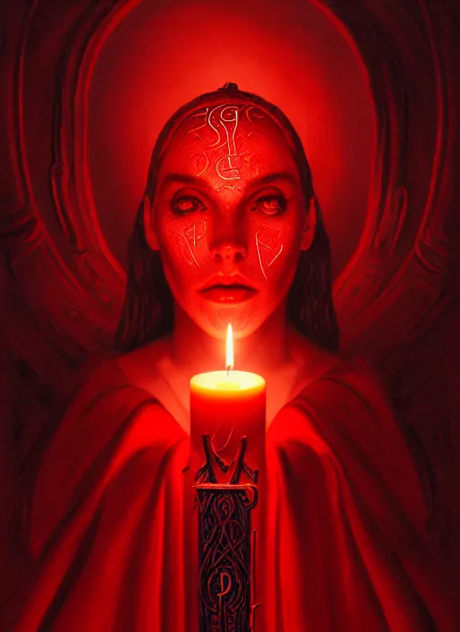 Image similar to portrait of the goddess of blood, long cloak made of blood, profane glowing rune, bloody runes, demonic portal behind, intricate, elegant, soft red candle light, highly detailed, digital painting, artstation, concept art, smooth, sharp focus, illustration, art by wlop, mars ravelo and greg rutkowski