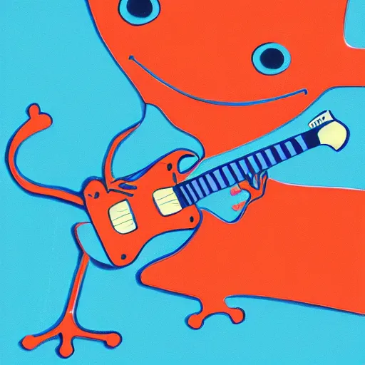 Image similar to frog playing on guitar, blue background, modern