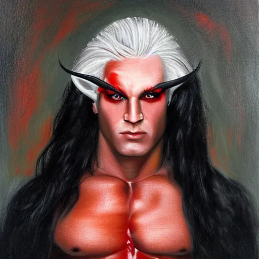 Image similar to buffed guy, long white hair, horns, red eye makeup, painting by by ralph grady james, jean christian biville