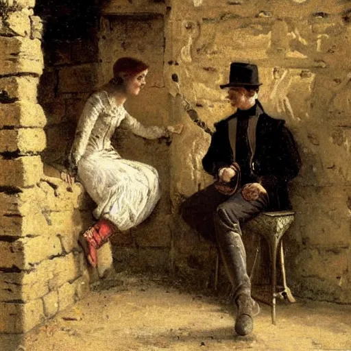 Image similar to young victorian man and woman solving a riddle carved into a stonewall in a dungeon, by alfred stevens