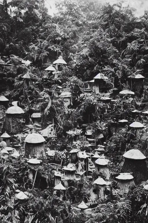Prompt: alien village, jungle, black and white photography, year 1 9 0 0