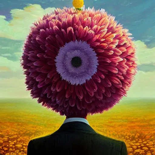 Prompt: giant daisies flower head, frontal, girl in a suit, surreal photography, sunrise, dramatic light, impressionist painting, digital painting, artstation, simon stalenhag