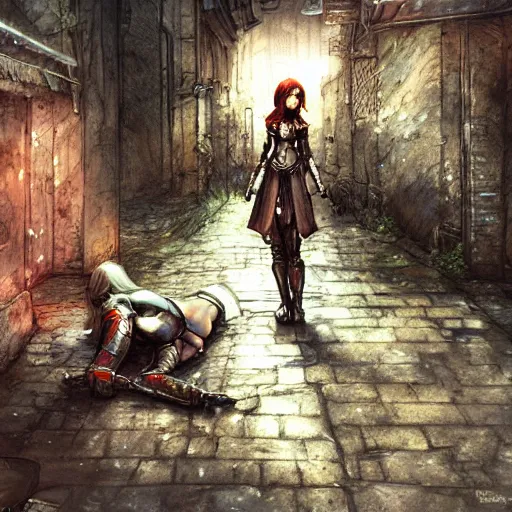 Prompt: A female knight lying on the ground in a dark, rainy alley. Color page, 4K, tone mapping, doll, Akihiko Yoshida, James_Jean_Andrei_Riabovitchev_Marc_Simonetti, Yoshitaka Amano, digital illustration