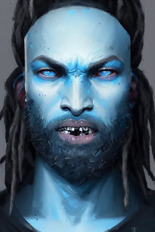Prompt: portrait of a blue genasi with a square jaw from d & d by greg rutkowski, dreadlocks and small beard, runic rings, d & d character, blue, black background, highly detailed portrait, digital painting, artstation, concept art, smooth, sharp foccus ilustration, artstation hq