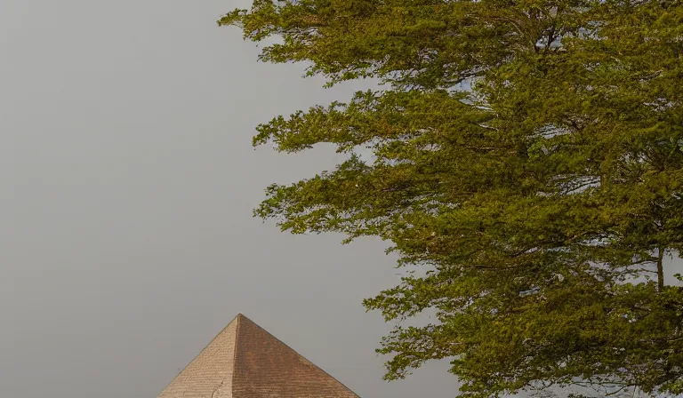 Prompt: A serene landscape with a singular building in the style of shallow depth of field, smooth bokeh