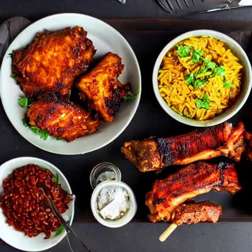 Prompt: jollof rice with fried haloumi cheese on the side, bbq ribs on the side, and lentils next to jollof