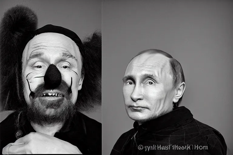 Image similar to putin as a clean-shaven hobo clown with a very sad face. head shot portrait. black and white 35mm photograph by emmett kelly.