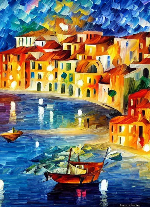 Image similar to beautiful seaside greek village in the style of leonid afremov