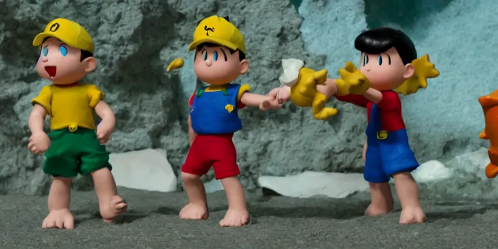 Image similar to Ness from Earthbound and Aquaman fight a giant penguin attacking philadelphia, claymation, detailed