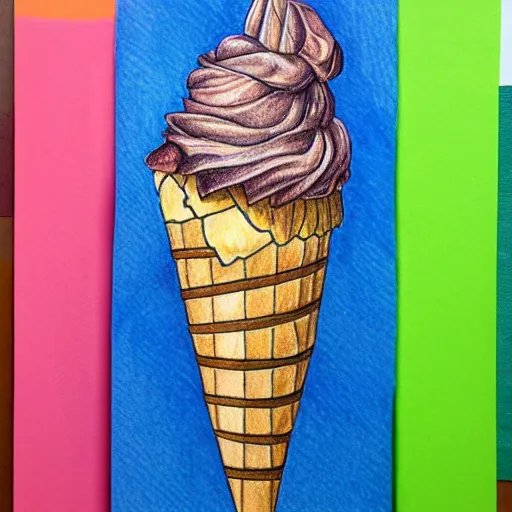 Prompt: Colored pencil art on paper, Ice Cream cone, highly detailed, artstation, MasterPiece, Award-Winning, Caran d'Ache Luminance