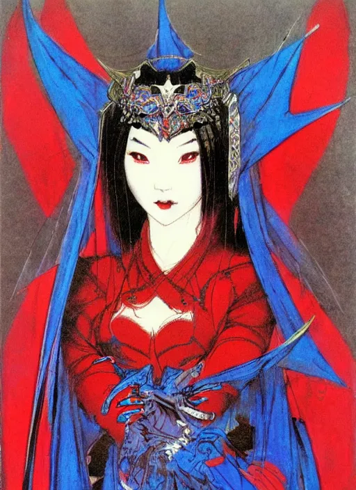 Image similar to portrait of mighty korean vampiress, jeweled veil, blue and red, strong line, saturated color, beautiful! coherent! by frank frazetta, high contrast, minimalism