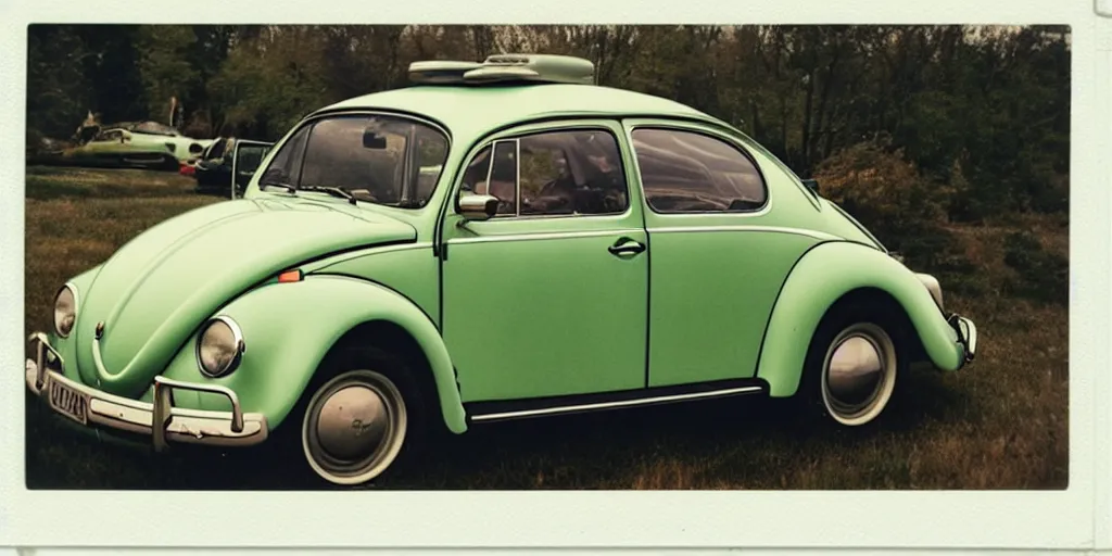 Image similar to polaroid photo of volkswagen beetles, vintage colors, slight color bleed